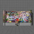 Colorful Graffiti Covered Feature Wall With Skateboarder In Gray Tiled Space