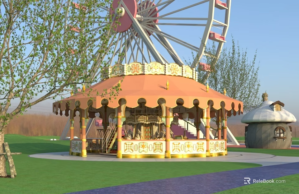 Children's Play Area With Carousel Ferris Wheel Orange Pavilion Green Lawn And Trees 3d model 