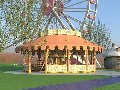 Children's Play Area With Carousel Ferris Wheel Orange Pavilion Green Lawn And Trees 3d model