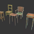 Wooden Stools With Various Designs Including Backrest Armrest And Different Leg Styles 3d model