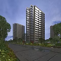 Modern High-Rise Residential Building with Trees Road and Fountains and Lights at Dusk