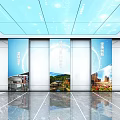 Modern Lobby With Digital Ceiling Elevators Large Urban Mural Pedestrians And Polished Floor