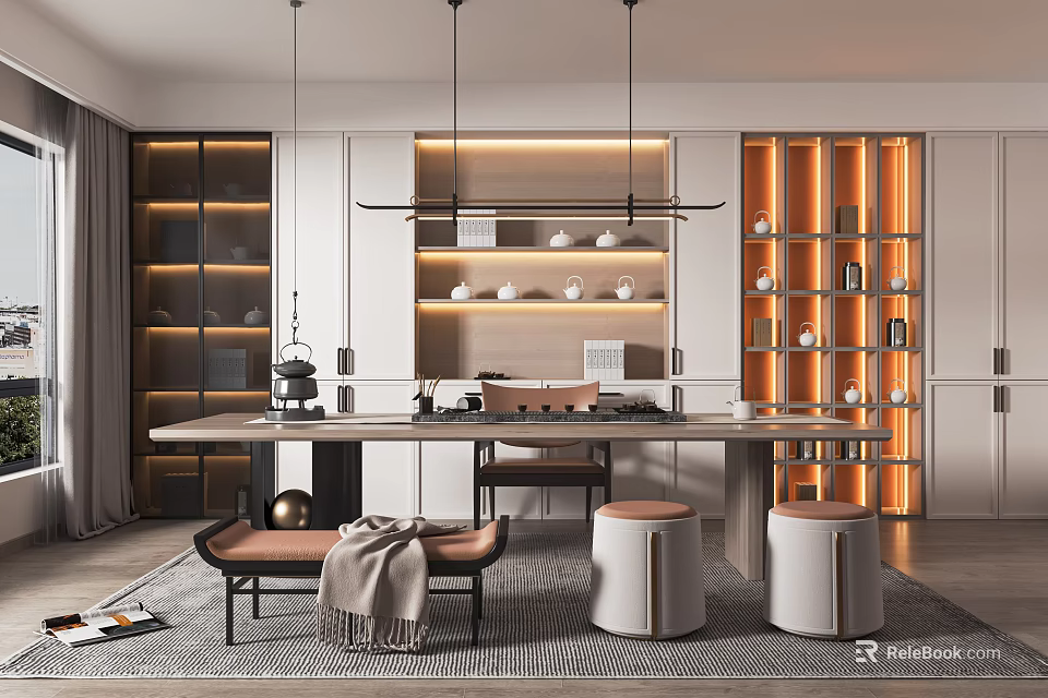 Modern Tea Room Interior With Long Table Hanging Lights Display Shelves And Tea Sets 3d model