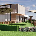 Modern Detached Villa Exterior With Large Glass Windows Sloped Roof Wooden Entrance And Stone Wall