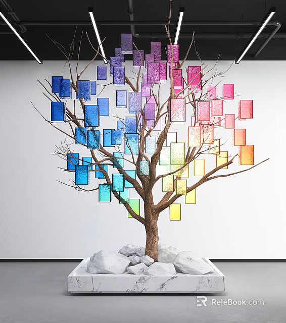Colorful Square Tree Art Installation With Brown Trunk And White Stones 3d model 