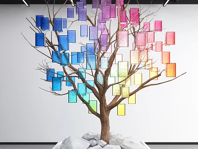 Colorful Square Tree Art Installation With Brown Trunk And White Stones 3d model