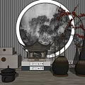 Elegant Decorative Ornament Set with Circular Landscape Painting Red Branches and Black Vases