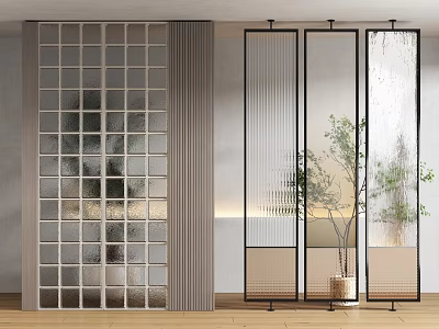 Modern Glass Partition Screens With Grid Ribbed Glass And Metal Frames In Interior 3d model
