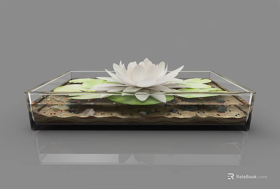 Transparent Glass Bonsai Planter With White Lotus Flower Green Leaves Sand And Pebbles 3d model 