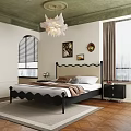Modern Bedroom Interior With Green Ceiling Chandelier Decorative Art And Large Windows
