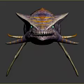 Game Movie Fantasy Monster Character With Purple Orange Stripes Sharp Fangs Green Eyes