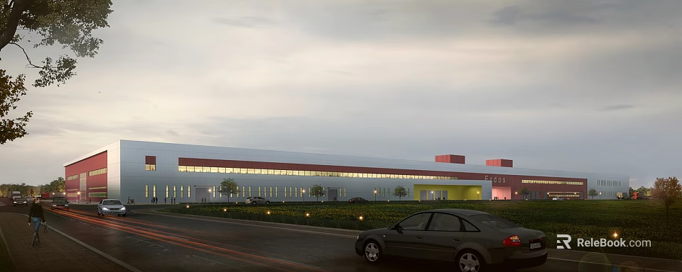 Modern Industrial Warehouse Building with Large Glass Windows Red Yellow Accents and Surrounding Greenery 3d model 