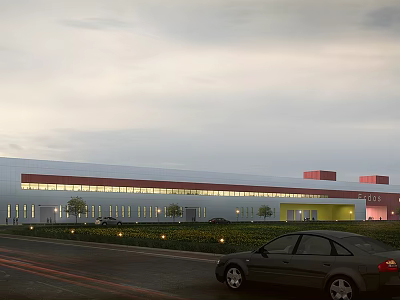 Modern Industrial Warehouse Building with Large Glass Windows Red Yellow Accents and Surrounding Greenery 3d model