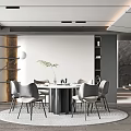 Modern Restaurant Interior With Round Dining Table Gray Chairs Rug And Floor Lamp