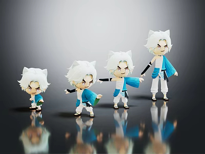 Four White Haired Cartoon Character Figures With Blue And White Outfits In Different Sizes 3d model