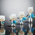 Four White Haired Cartoon Character Figures With Blue And White Outfits In Different Sizes