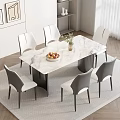 Modern Dining Room With Marble Tabletop White Chairs Fruit Bowl Vase Bookshelf And Window Curtains