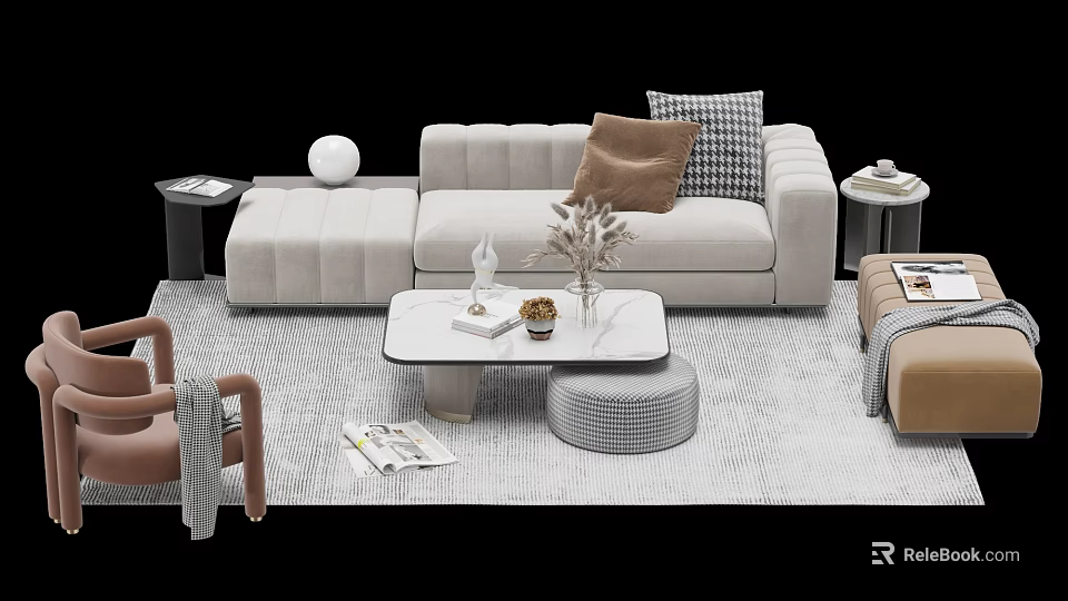 Modern Light Gray Sofa and Coffee Table Set with Decorative Pillows and Area Rug 3d model