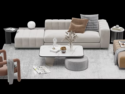 Modern Light Gray Sofa and Coffee Table Set with Decorative Pillows and Area Rug 3d model