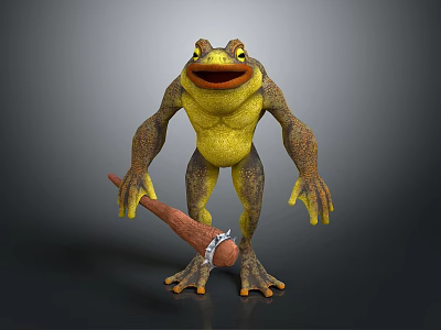 3D Cartoon Reptile Character With Yellow Brown Body Holding Stick On Gray Background 3d model