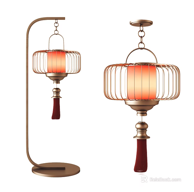 Chinese Style Lighting Combination with Metal Frame Orange Lampshade and Red Tassel 3d model 
