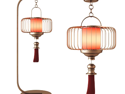 Chinese Style Lighting Combination with Metal Frame Orange Lampshade and Red Tassel 3d model