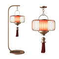 Chinese Style Lighting Combination with Metal Frame Orange Lampshade and Red Tassel