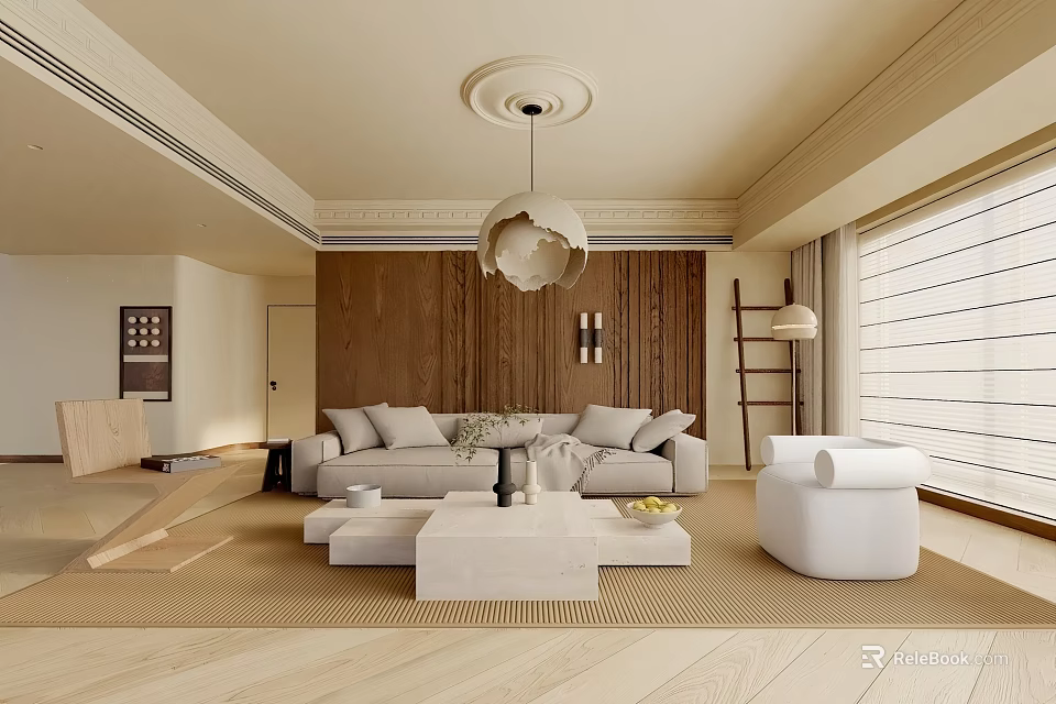 Modern Living Room Interior With Beige Sofa Wooden Accent Wall And White Coffee Table 3d model 