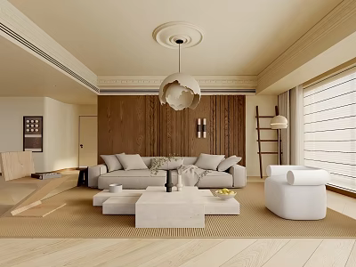 Modern Living Room Interior With Beige Sofa Wooden Accent Wall And White Coffee Table 3d model