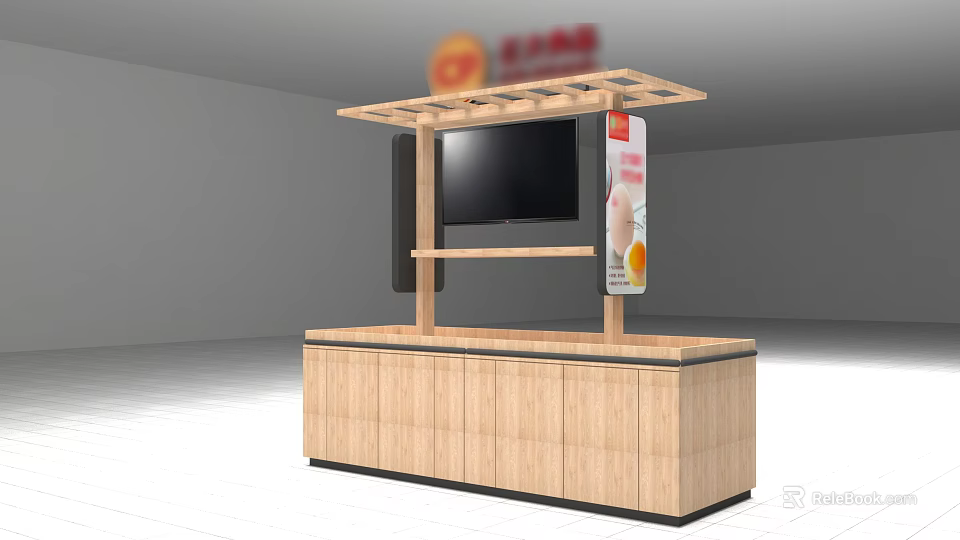 Wooden Display Shelf With Top Shelf TV Screen And Advertising Sign 3d model 