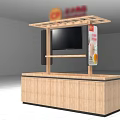 Wooden Display Shelf With Top Shelf TV Screen And Advertising Sign