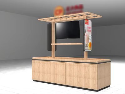 Wooden Display Shelf With Top Shelf TV Screen And Advertising Sign 3d model