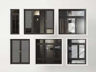Modern Casement Windows With Black Frames Grid Patterns And Glass Designs 3d model