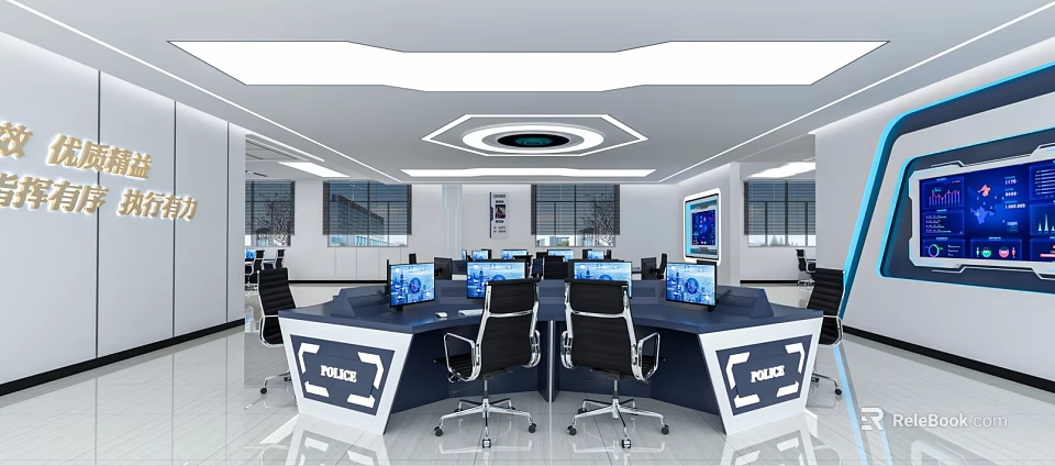 Modern Public Office Space For Police With Workstations Computer Monitors Large Screens And Black Chairs 3d model 