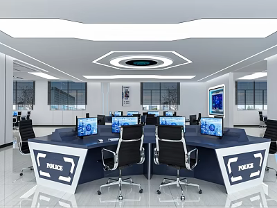 Modern Public Office Space For Police With Workstations Computer Monitors Large Screens And Black Chairs 3d model