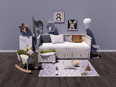 Kids Room Interior With Rocking Horse Small Sofa Decorative Paintings And Star Rug 3d model