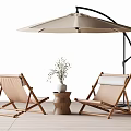 Beige Wooden Folding Outdoor Chairs With Side Table Vase And Cantilever Umbrella
