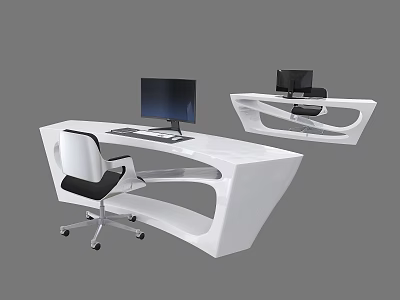 Modern White Office Desk With Streamlined Design Computer Monitor And Black White Wheeled Chair 3d model