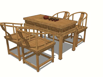 Wooden Chinese Style Tea Table And Chairs With Tea Set 3d model