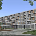 Modern School Building With Contemporary Design Large Windows Front Courtyard Greenery And Sculptures