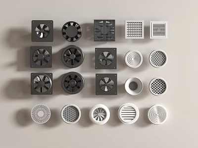 Industrial Ventilation Equipment With Various Black White Square Round Vents Grid And Blade Designs 3d model