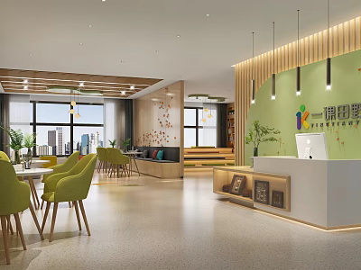 Bright Kindergarten Interior With Green Chairs Wooden Decor Reception Desk Windows And Plants 3d model