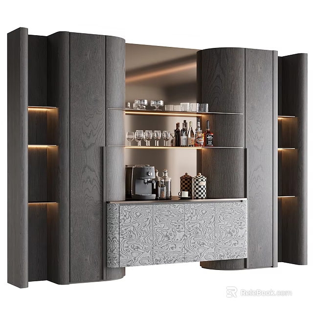 Elegant Modern Wine Cabinet With Wooden Finish Glass Shelves LED Lighting And Patterned Panel 3d model 
