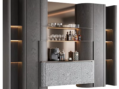 Elegant Modern Wine Cabinet With Wooden Finish Glass Shelves LED Lighting And Patterned Panel 3d model