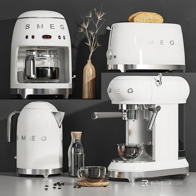 Stylish Modern SMEG Kitchen Appliances White Coffee Maker Kettle And Espresso Machine For Contemporary Kitchens 3d model 