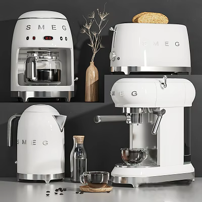 Stylish Modern SMEG Kitchen Appliances White Coffee Maker Kettle And Espresso Machine For Contemporary Kitchens 3d model