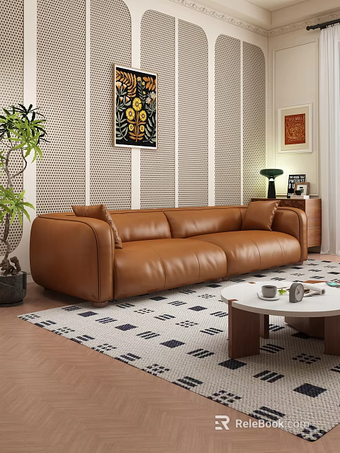 Brown Leather Sectional Sofa With Round Coffee Table Geometric Pattern Rug And Green Plant 3d model 