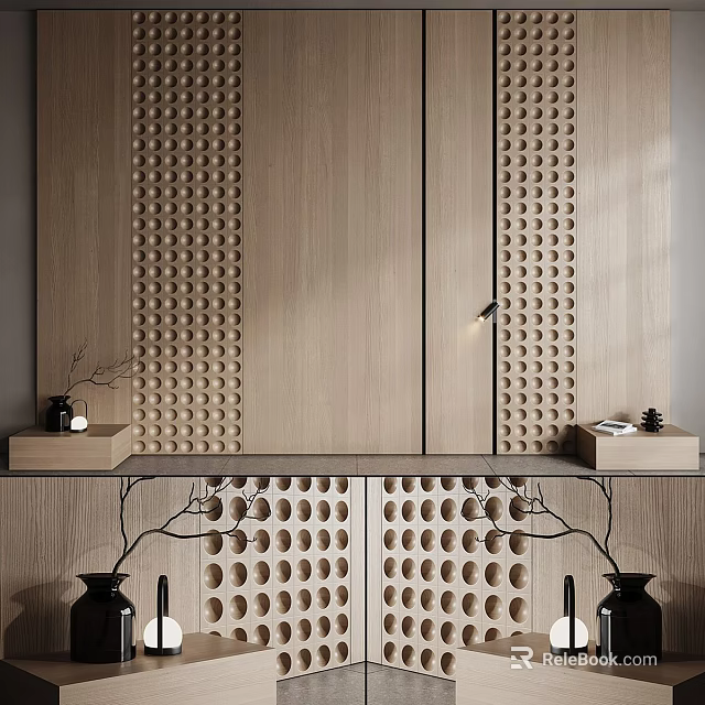 Wooden Bedroom Accent Wall with Perforated Panels Central Cabinet and Side Decor Pieces 3d model 