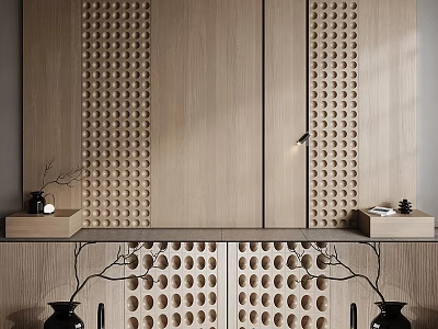 Wooden Bedroom Accent Wall with Perforated Panels Central Cabinet and Side Decor Pieces 3d model