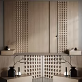 Wooden Bedroom Accent Wall with Perforated Panels Central Cabinet and Side Decor Pieces